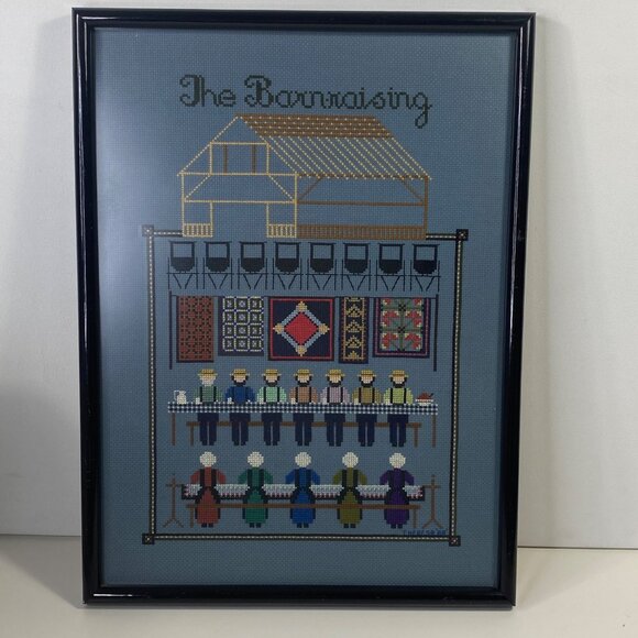 Vintage Handmade Amish Folk Barnraising Framed Cross Stitch 18.5"x14" - Picture 1 of 9